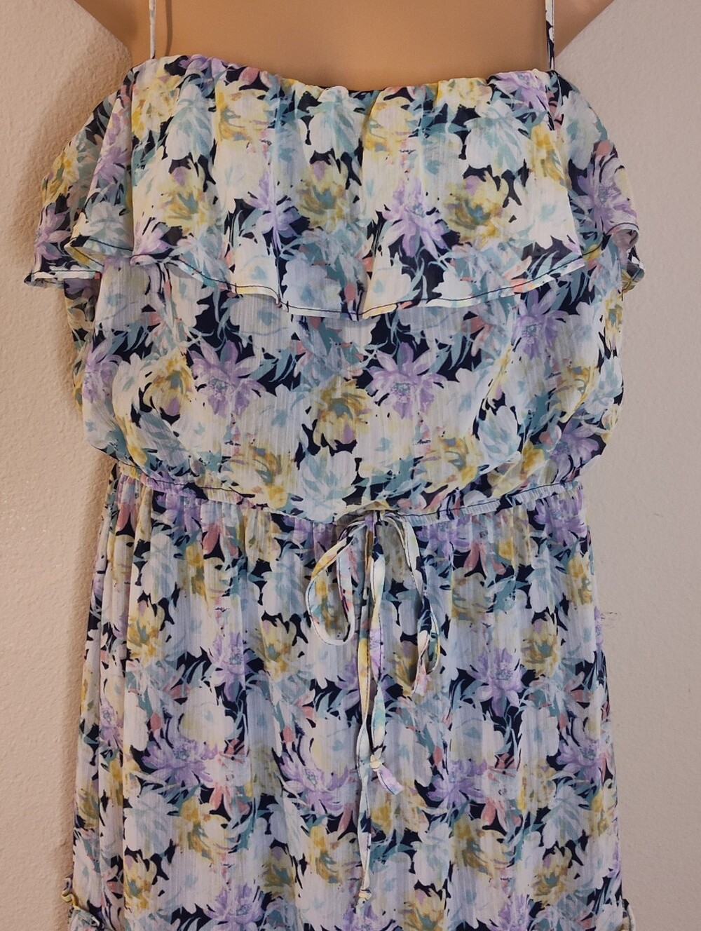 Cottagecore Floral Midi Sundress in Pastel Blues & Lilacs Tiered Ruffles Prairie - Picture 2 of 13